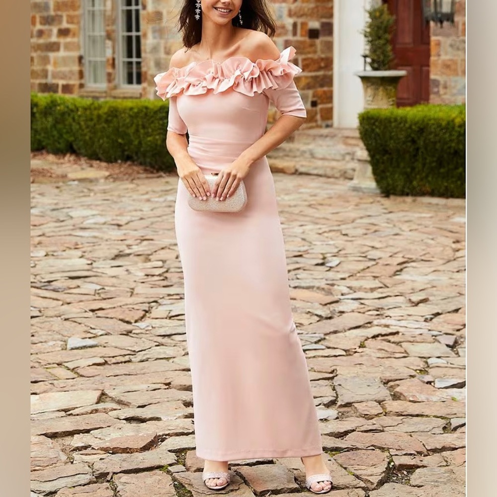 NEW XscapeRuffled Off-the-Shoulder Short Sleeve Crepe Sheath Gown -Size 16